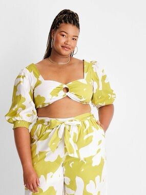 Future Collective Chartreuse White Floral Puff Sleeve Cutout Crop Top Size L